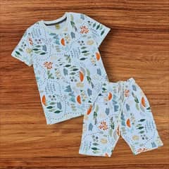 2pcs unisex cotton jersey printed T-shirt and shorts set