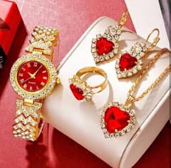 Golden Luxury Watch Women Ring Necklace Earring Rhinestone