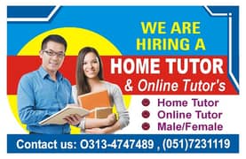 We are hiring Male and Female Home Tutor Online tutor /Qari/Qaria