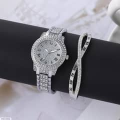 women silver watch and bracelet