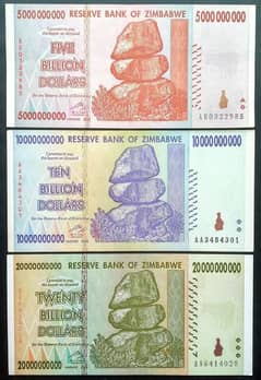 Zimbabwe Set of 3 Banknotes. High Denomination Inflation Issues.