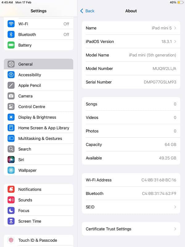 ipad mini 5 64 gb LLA MODEL 8