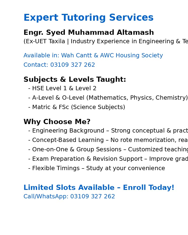 Expert Tutoring for HSE, A-Level & O-Level Students!  In AwC wahcan 0