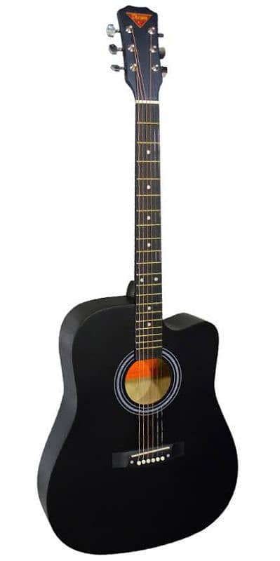 black acoustic guitar 1 string broken with bag 0