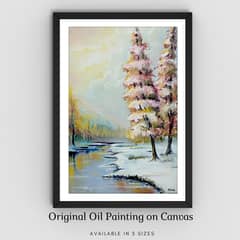 Original Oil painting, Lakeside Snowfall, Oil hand painting, Landscape