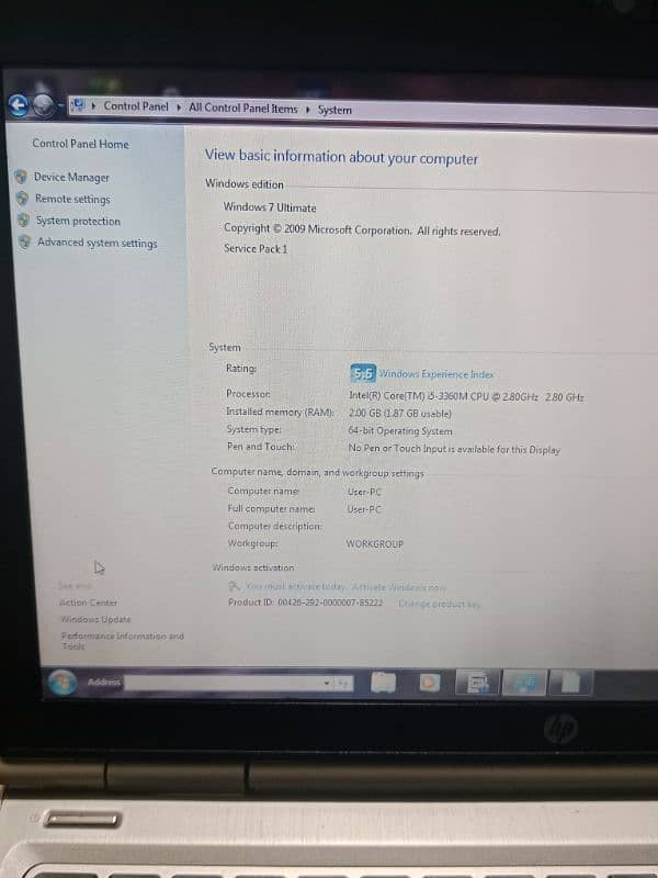 Hp elite book intel core i5 -3360M CPU ram 2/gb46 4