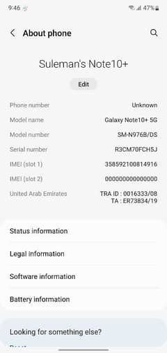 Samsung galaxy not10 plus 5g 12r 256m