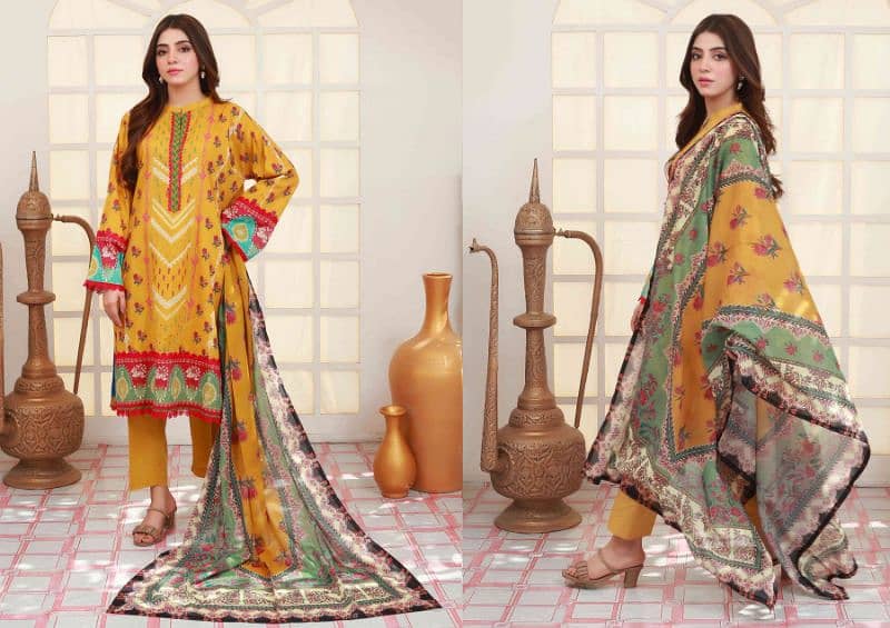 Unstitched 3-piece printed lawn suits 3