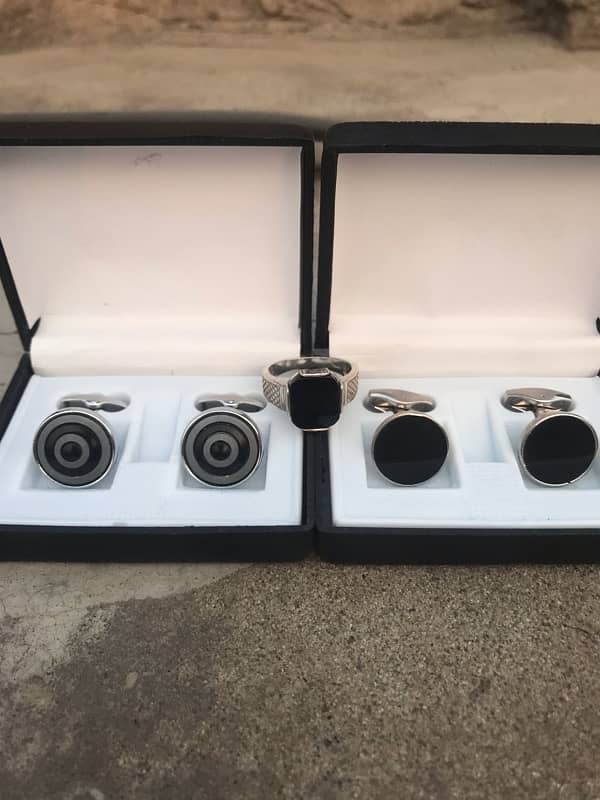 Two pairs of Cufflinks and One Silver Ring 0