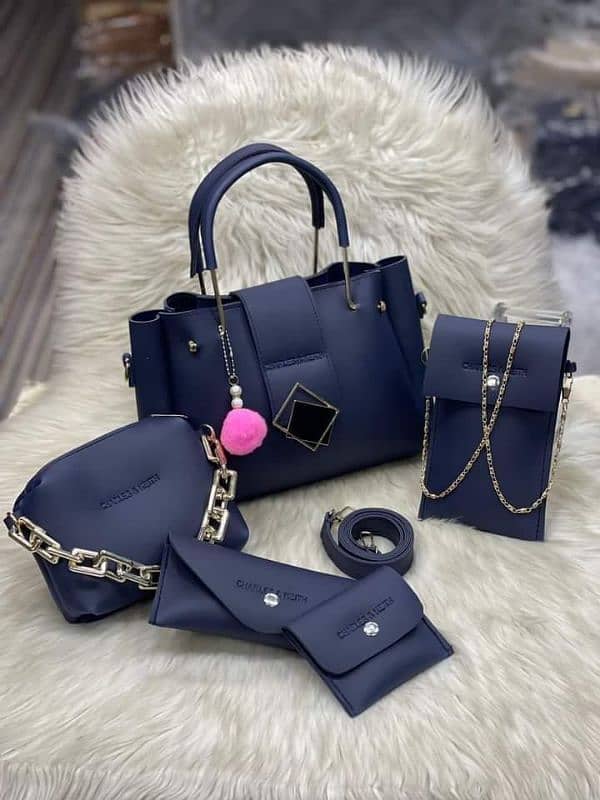 Women's Leather Hand Bag Set - 5 Pcs in Blue 1