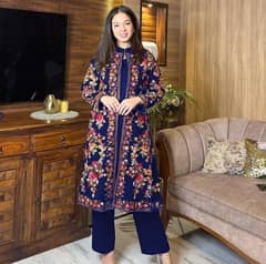 3 Pcs Women's Stitched Katan Silk Embroidered Gown Suit