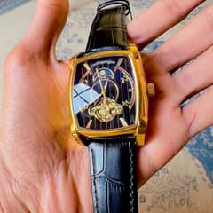 Luxury Gold Skeleton Automatic Watch – Genuine Leather Strap