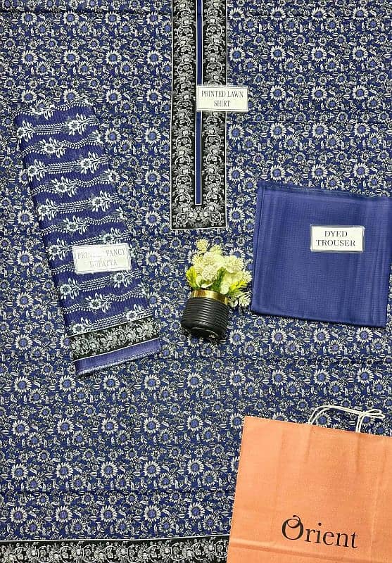 stunning 3 PCs printed dobbey lawn suite in blue: 3