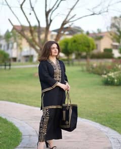 2 piece women stitched linen printed Shirt and Trouser with Tote bag