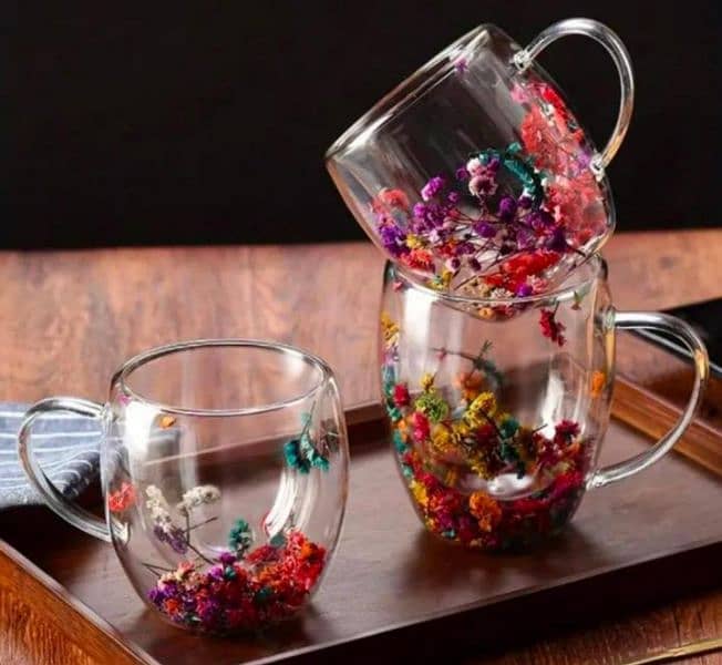 Double glass artificial flowers transparent coffee mug 2