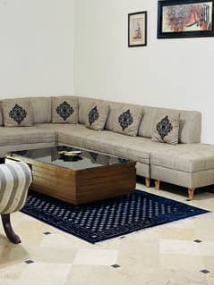 L-Shaped Sofa Set with Wooden Center Table & Dewan for Sale