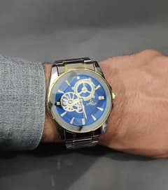 Elegance Horizon: Silver Watch with Blue Dial & Gold Accents