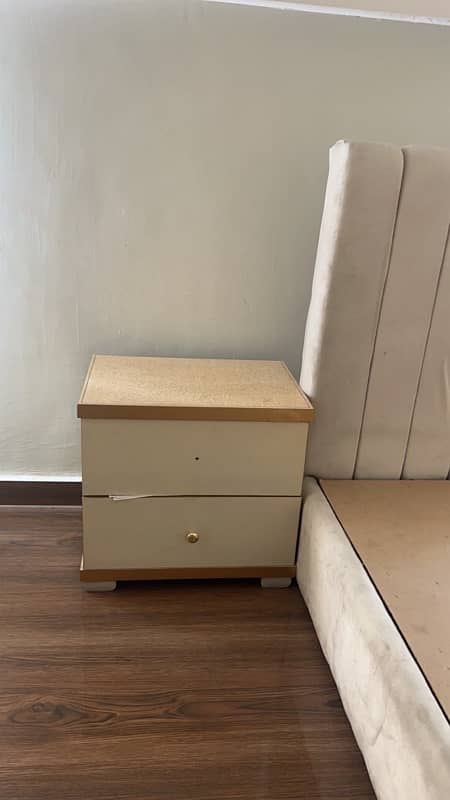 wooden off white bed with side table 1