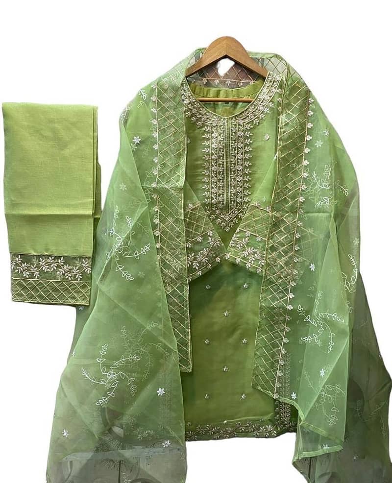 3 pcs woman's stitched organza embroidered suit 2