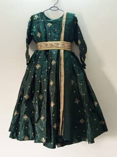 3pc stitched Raw Silk long frock with belt in bottle green color