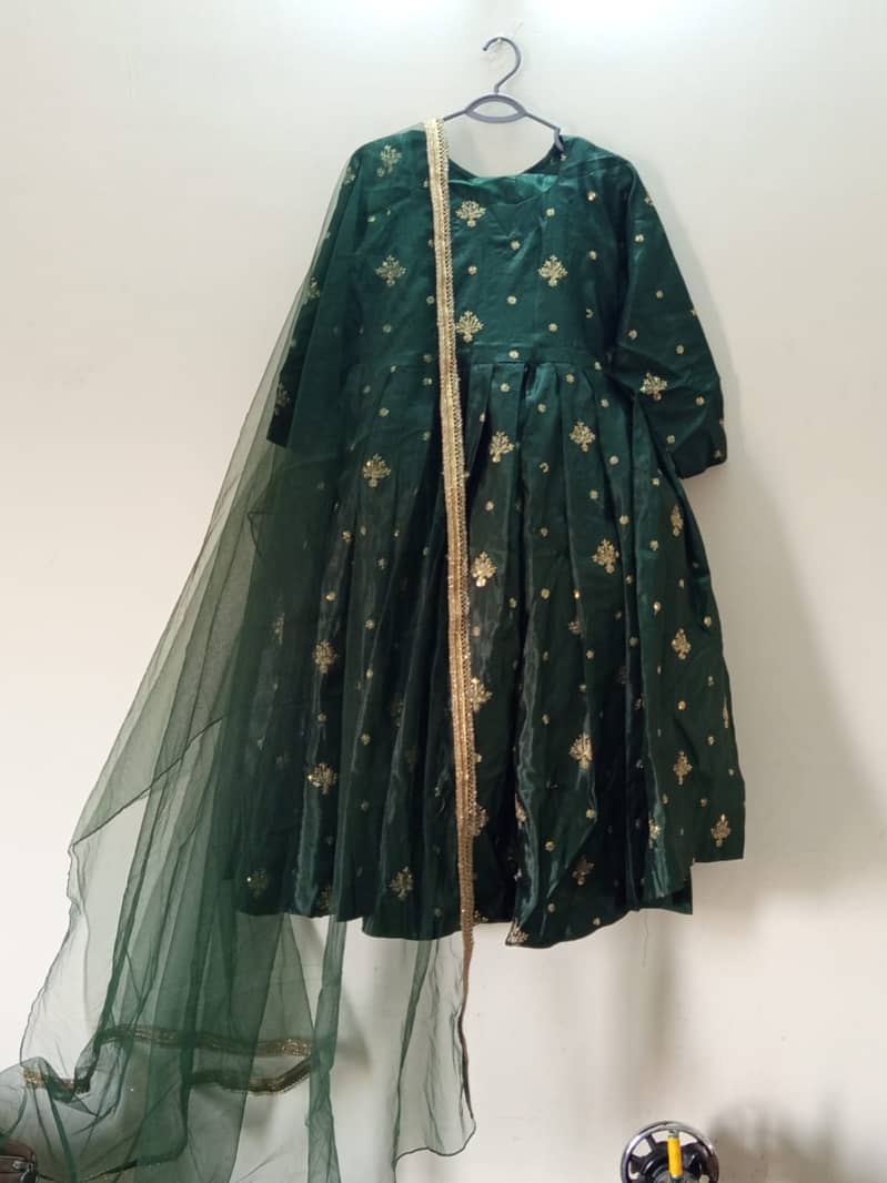 3pc stitched Raw Silk long frock with belt in bottle green color 1