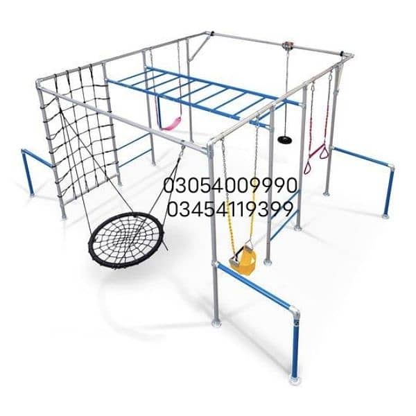 monkey bar, merry go round, slide, swing 10