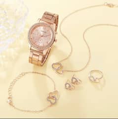 Rose Gold Luxury Watch Women Ring Necklace