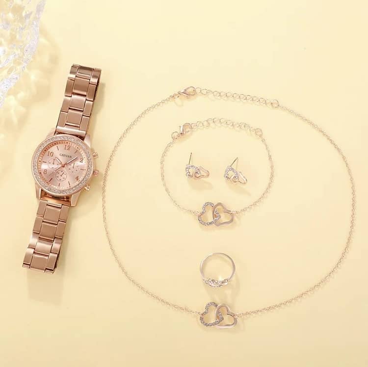 Rose Gold Luxury Watch Women Ring Necklace 1