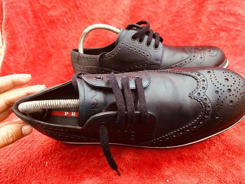 Prada Prada Navy Blue Brogue Leather Wingtip Lace Up Oxfords 1