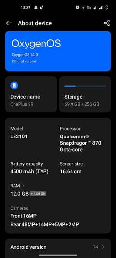 oneplus 9r .  12+4 ram 256 gb