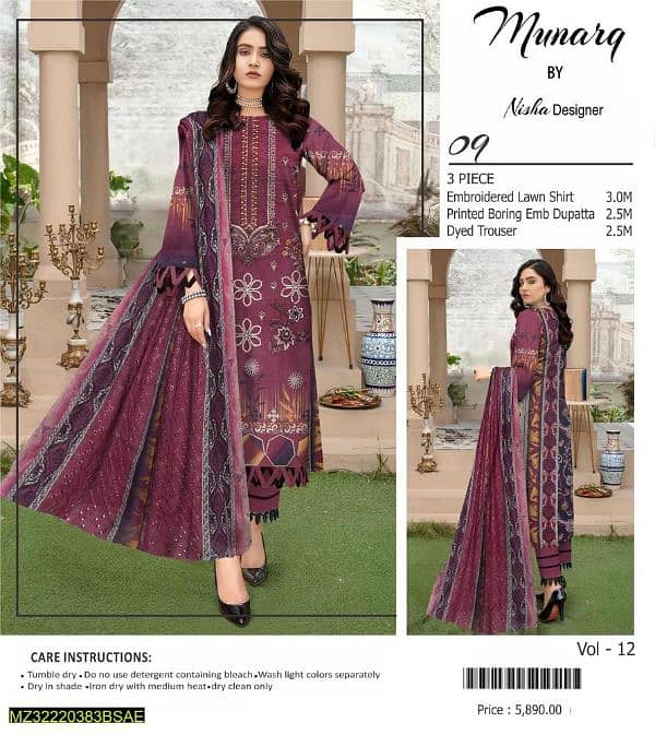 3 Pcs Women's Unstitched Lawn Embroidered Suit 1