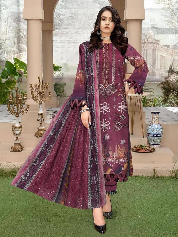 3 Pcs Women's Unstitched Lawn Embroidered Suit 2