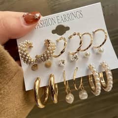 Elegant Golden Hoops with Pearl Accents – 6 Pcs Set  FREE DELIVERY