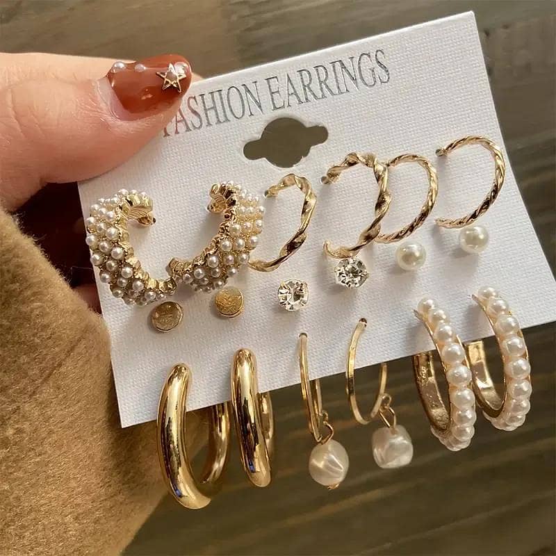 Elegant Golden Hoops with Pearl Accents – 6 Pcs Set  FREE DELIVERY 0