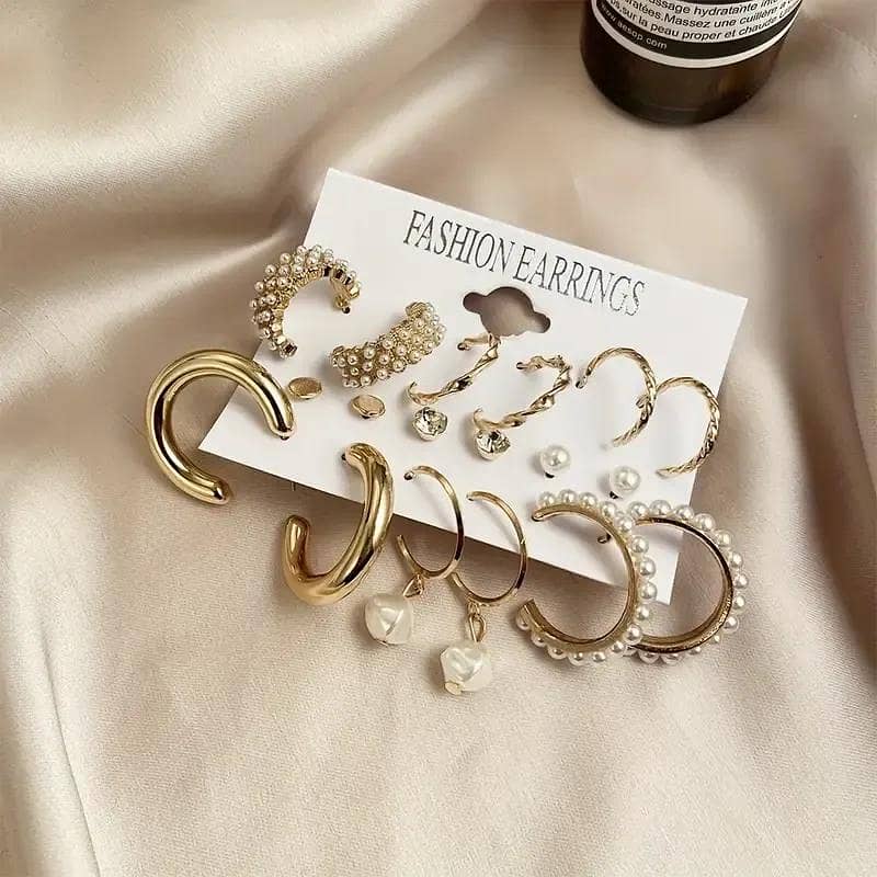 Elegant Golden Hoops with Pearl Accents – 6 Pcs Set  FREE DELIVERY 2