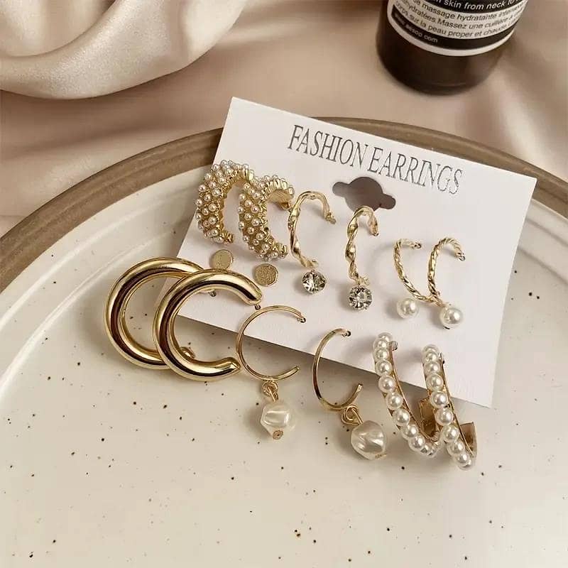 Elegant Golden Hoops with Pearl Accents – 6 Pcs Set  FREE DELIVERY 3