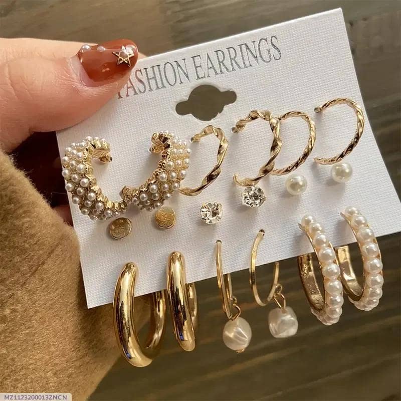 Elegant Golden Hoops with Pearl Accents – 6 Pcs Set  FREE DELIVERY 5