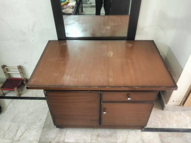 wooden table with 2 large cabinets and 1 drawer 1