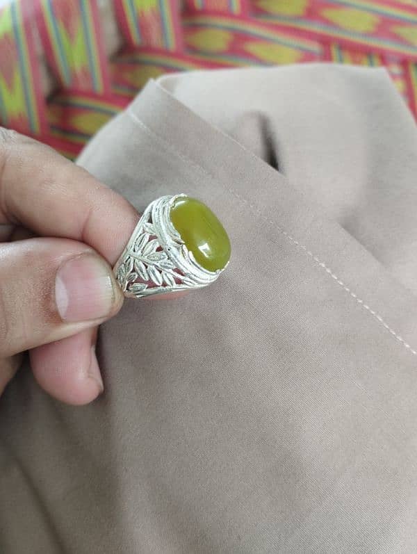 Premium Greenish-Yellow Aqeeq Silver Ring 1