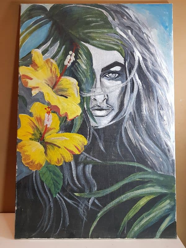 Enigmatic Bloom – 24x36” Unique Portrait & Floral Canvas Painting 0