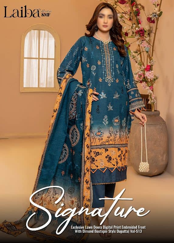 3 Pc Unstitched Lawn Embroidered & Printed Suits 12