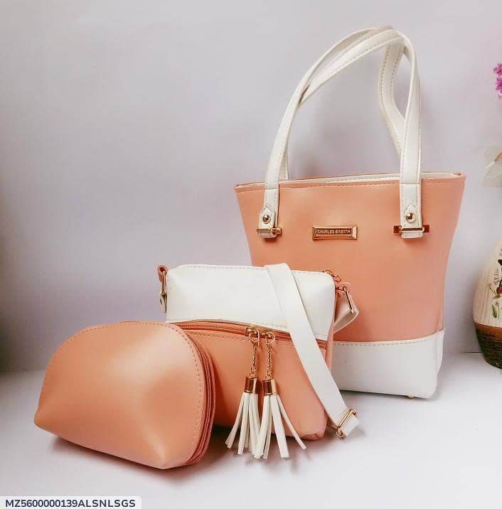 3 Pcs Women's Faux Leather Hand Bag Set in Pink & Mustard 1