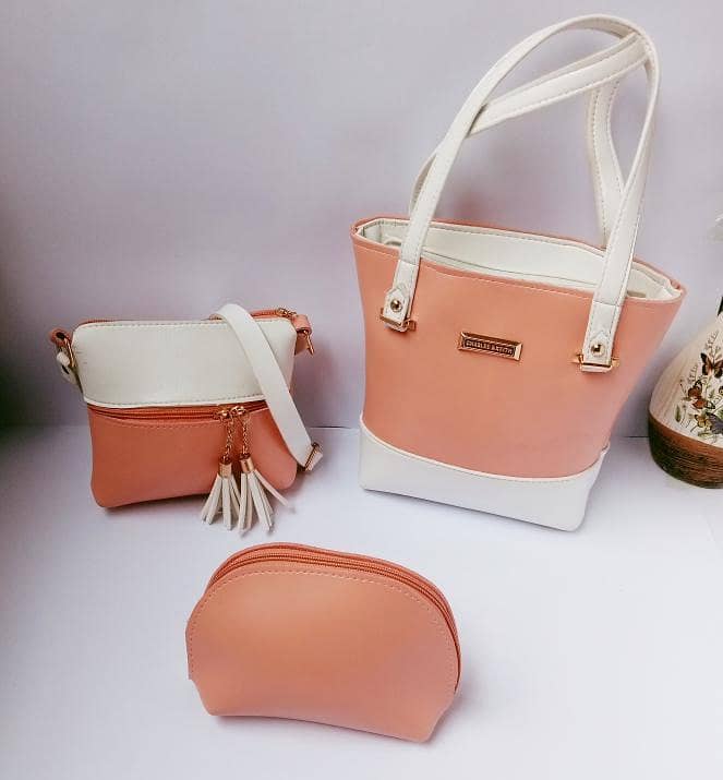 3 Pcs Women's Faux Leather Hand Bag Set in Pink & Mustard 2