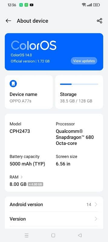 Oppo A77s  8/128GB NON PTA can Be PATCH 6