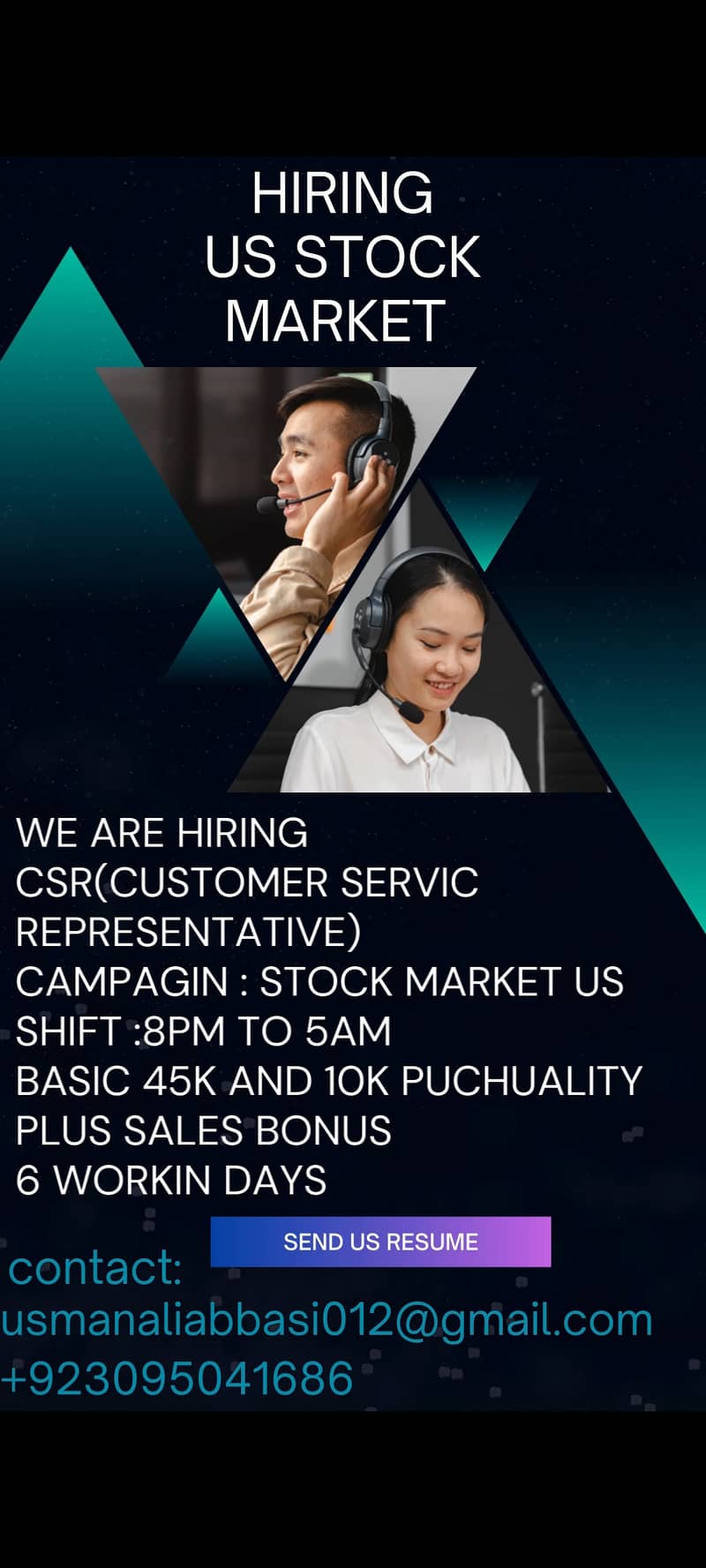 CSR Required for US Stock Market Campaign Male and female Both cn aply 0