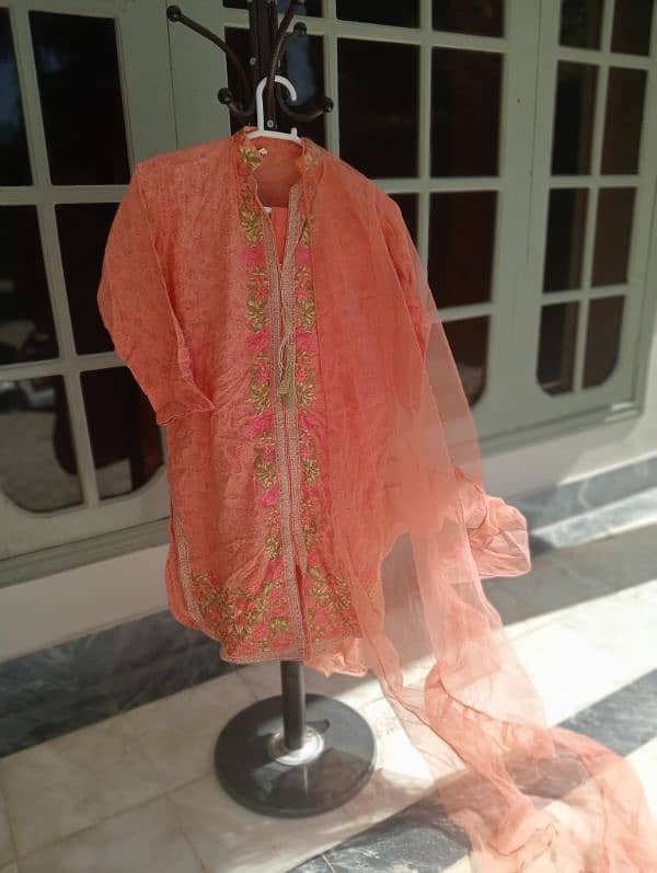 Stylish Peach shirt with round daman, plazo and net dupatta with frill 2