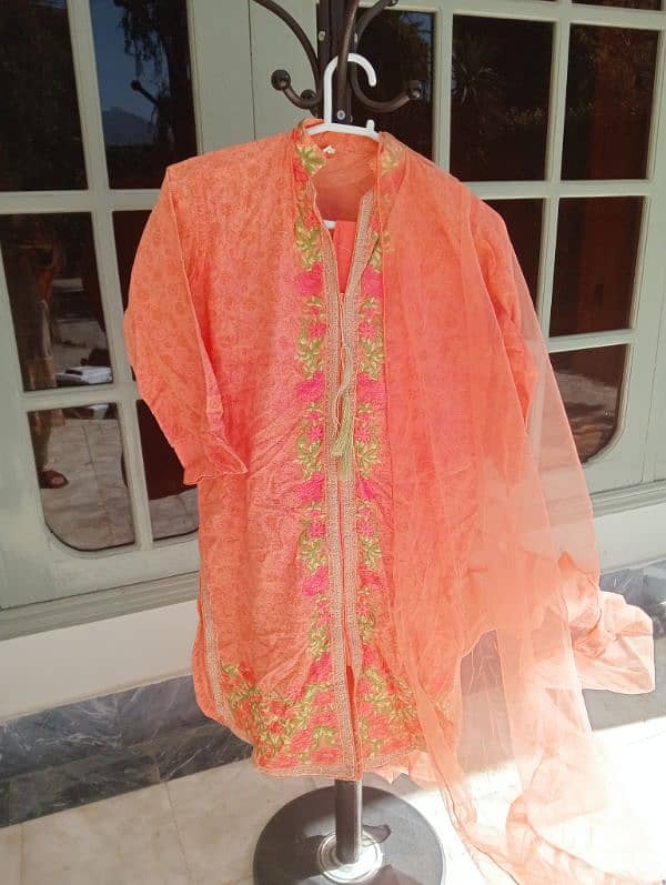 Stylish Peach shirt with round daman, plazo and net dupatta with frill 3