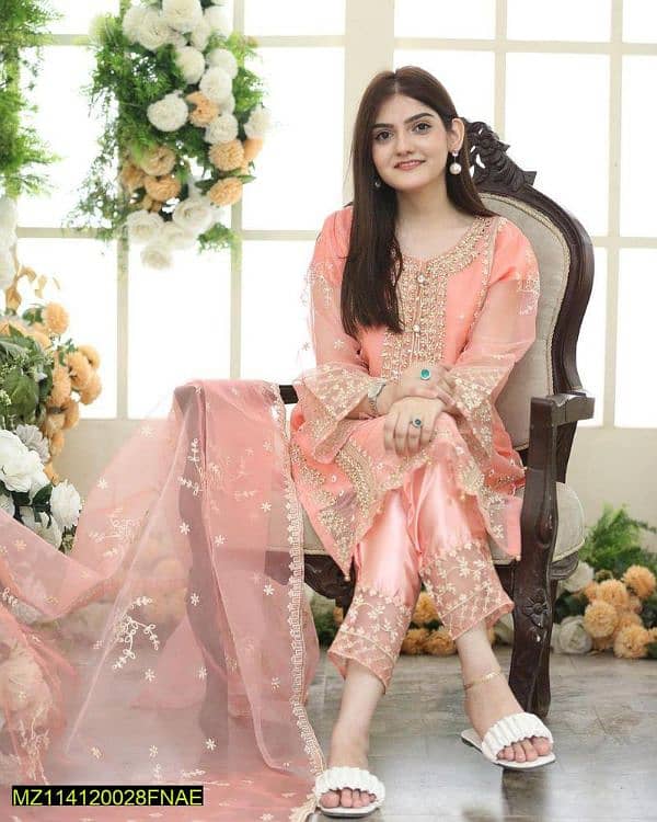 Women's 3 PCs Stitched Organza Embroidered Suit 1