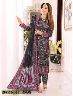 3 Pcs Women's Unstitched Khaddar Printed Suit