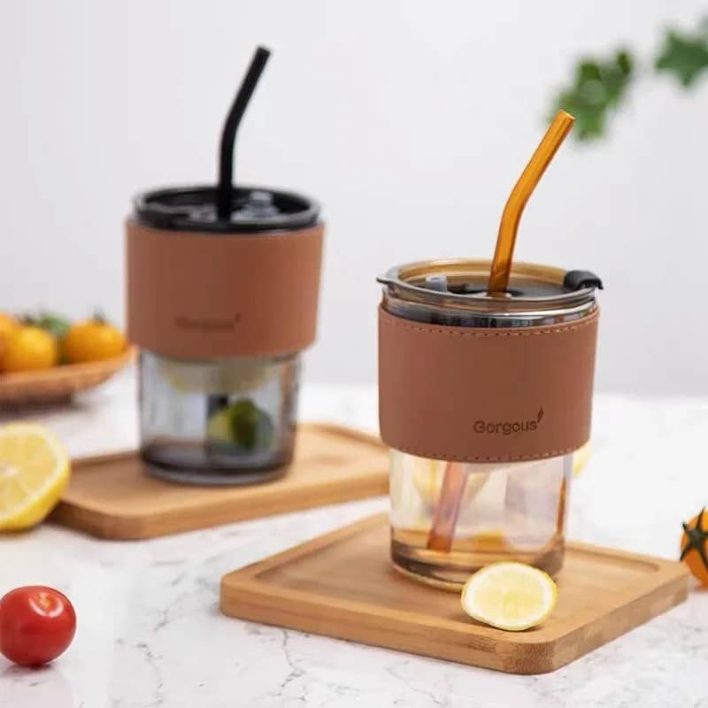 2025 Eco-Friendly 450ml Glass Travel Coffee Mug with Bamboo Lid 4